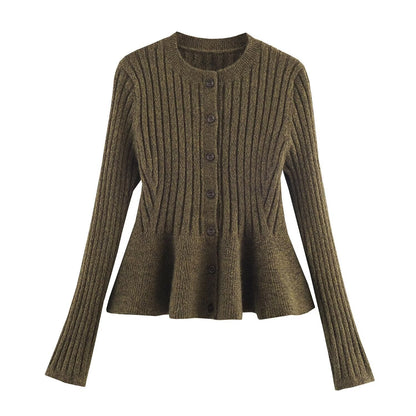 Round neck single breasted waist cinched short knit sweater for women
